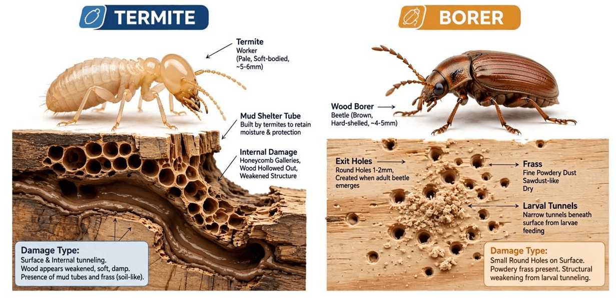 Wood and timber affected by borers and termites
